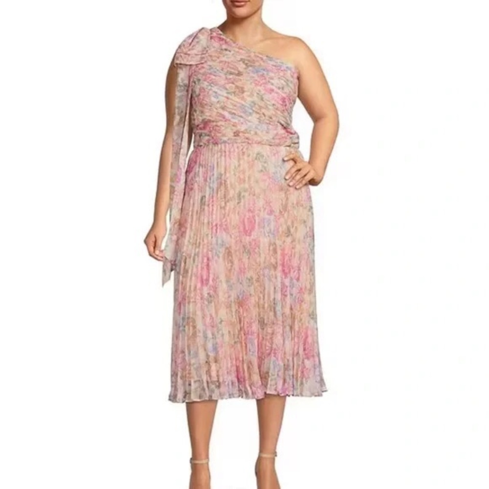 ALEX MARIE Pastel Floral One-Shoulder Midi Dress Pleated Pink Plus Size 24W New